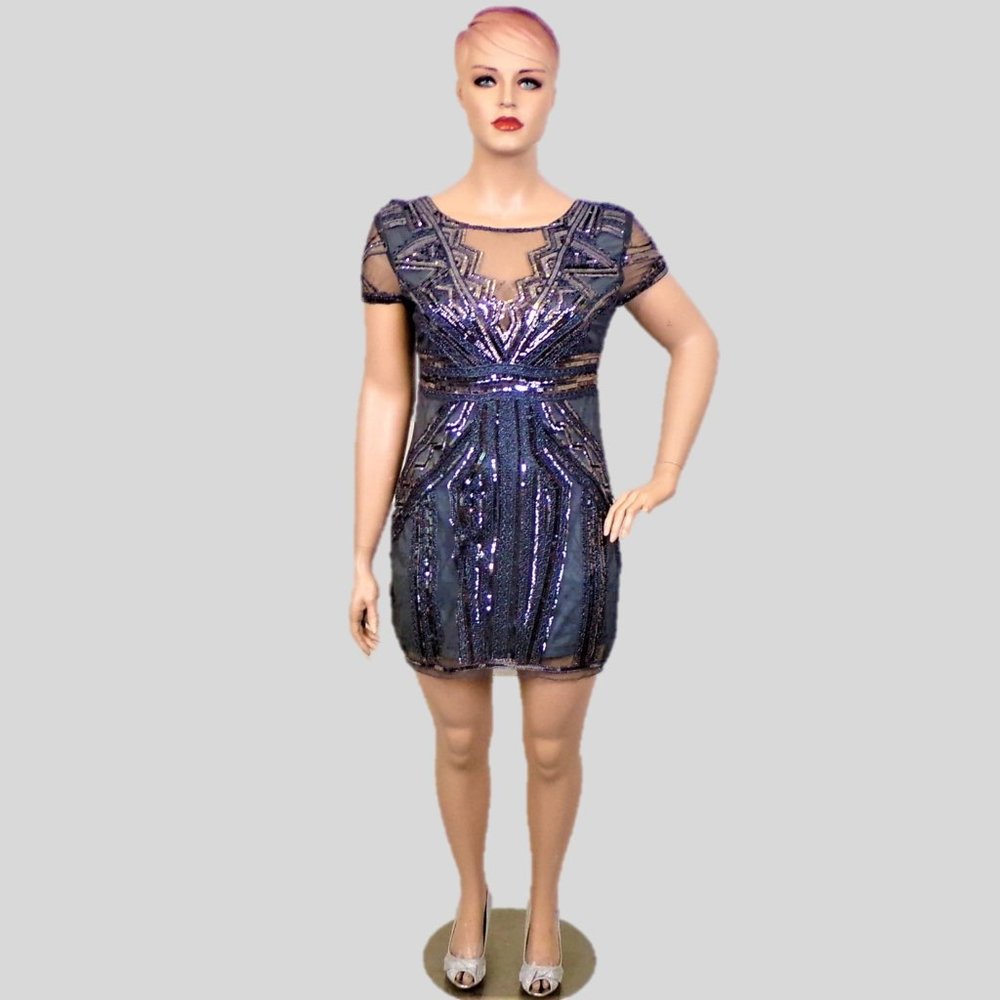 VIJIV size XL gray/silver beads & sequins short-sleeve party dress 100% polyestr